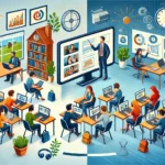 Illustration einer Blended-Learning-Umgebung. Links lernt ein einzelner Student unabhängig zu Hause am Laptop und nutzt digitale Ressourcen wie Videos und Podcasts, was das asynchrone, selbstgesteuerte Lernen darstellt. Rechts zeigt eine Klassenzimmerszene, wie Studierende aktiv mit einem Professor in synchronen, kollaborativen Lernaktivitäten interagieren. Dieses Bild unterstreicht die Flexibilität, digitales Selbststudium mit interaktiven, persönlichen Lernerfahrungen zu kombinieren.