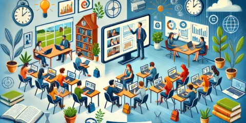 Illustration einer Blended-Learning-Umgebung. Links lernt ein einzelner Student unabhängig zu Hause am Laptop und nutzt digitale Ressourcen wie Videos und Podcasts, was das asynchrone, selbstgesteuerte Lernen darstellt. Rechts zeigt eine Klassenzimmerszene, wie Studierende aktiv mit einem Professor in synchronen, kollaborativen Lernaktivitäten interagieren. Dieses Bild unterstreicht die Flexibilität, digitales Selbststudium mit interaktiven, persönlichen Lernerfahrungen zu kombinieren.