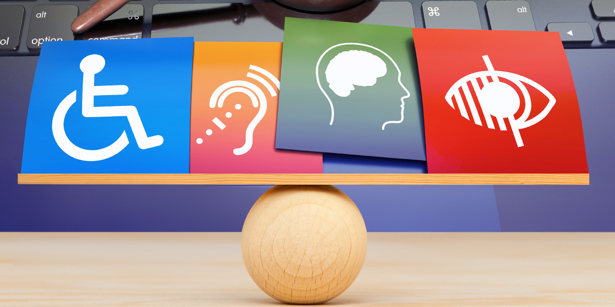 Darstellung einer Waage im Gleichgewicht, auf der verschiedene Symbole für Barrierefreiheit platziert wurden