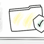 Gezeichnetes Bild von einem Laptop auf dem links ein Paragrafen Zeichen und Rechts ein Datein Symbol mit einem Sicherheits Häckchen abgebildet ist.