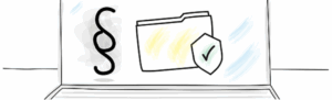 Gezeichnetes Bild von einem Laptop auf dem links ein Paragrafen Zeichen und Rechts ein Datein Symbol mit einem Sicherheits Häckchen abgebildet ist.