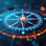 Digital compass with glowing lines, particles. Tech concept, navigation, direction visualization. North, east, south, west directions, futuristic design. Abstract illustration, modern tech innovation.