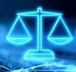 In der Mitte ist eine blau Leuchtende digitale Waage auf dem futuristischen, dunkelblauen Hintergrund als Symbol für Gerechtigkeit und Balance zu sehen