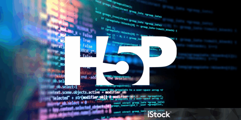 Auf einem dunklen Hintergrund sieht man einen halbtransparenten Bildschirm mit einem bunten Programm Code. in der Mitte steht der weiße Überschrift "H5P".