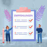 Tiny business people reading list of rules. Man and woman making checklist for control of companys management on huge clipboard flat vector illustration. Guidance concept