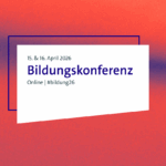 Auf dem leuchtenden roten Hintergrund mir einem dunkelblauen Faden ist ein weißes Textfeld platziert, hinter dem Feld steht schräg ein dunkelblaues Rahmen. Auf dem Feld steht der dunkelviolette Text "15. & 16. April 2026 Bildungskonferenz Online #bildung26" Dabei ist das Wort "Bildungskonferenz" fett und größer geschrieben.
