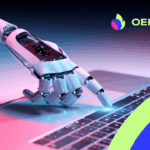 Ein Roboterarm mit metallisch glänzender Oberfläche tippt auf einer Computertastatur. Im Hintergrund verlaufen die Farben von Blau zu Rosa. Oben rechts befindet sich das OERcamp-Logo mit einer stilisierten Blattform und Schriftzug. Unten rechts sind drei breite, halbkreisförmige Farbbögen in Grün, Blau und Pink zu sehen.