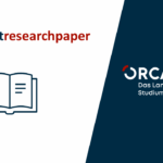Links steht der Hashtag '#myfirstresearchpaper' in dunkelroter Schrift auf weißem Hintergrund. Darunter befindet sich eine einfache, einfarbige Linienzeichnung eines geöffneten Buches. Rechts ist ein dunkelblaues Feld mit dem Logo 'ORCA.nrw' und dem Zusatz 'Das Landesportal für Studium und Lehre.' Das Logo enthält einen roten Halbkreis im Buchstaben 'O'