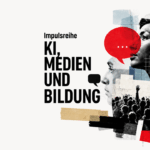 Links steht der Text 'Impulsreihe KI, MEDIEN UND BILDUNG' in großen, schwarzen Buchstaben. Rechts davon sind mehrere schwarz-weiße Porträts von Gesichtern in unterschiedlichen Perspektiven collageartig angeordnet. Dazwischen befinden sich grafische Elemente wie rote und beigefarbene Pinselstriche, Sprechblasen und Fragmente von Notizzetteln. Eine Sprechblase mit drei Punkten ist zentral platziert. Im unteren Bereich ist eine Menschenmenge mit erhobener Hand zu sehen. Rechts oben stehen die Fragen 'WAS IST WAHR?' und 'WER ENTSCHEIDET?', unten rechts auf einem roten Streifen das Wort 'MITGESTALTEN!'. Das Gesamtbild wirkt wie eine moderne Collage zum Thema Künstliche Intelligenz, Medien und gesellschaftliche Teilhabe.