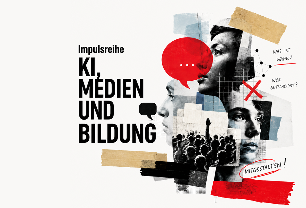 Links steht der Text 'Impulsreihe KI, MEDIEN UND BILDUNG' in großen, schwarzen Buchstaben. Rechts davon sind mehrere schwarz-weiße Porträts von Gesichtern in unterschiedlichen Perspektiven collageartig angeordnet. Dazwischen befinden sich grafische Elemente wie rote und beigefarbene Pinselstriche, Sprechblasen und Fragmente von Notizzetteln. Eine Sprechblase mit drei Punkten ist zentral platziert. Im unteren Bereich ist eine Menschenmenge mit erhobener Hand zu sehen. Rechts oben stehen die Fragen 'WAS IST WAHR?' und 'WER ENTSCHEIDET?', unten rechts auf einem roten Streifen das Wort 'MITGESTALTEN!'. Das Gesamtbild wirkt wie eine moderne Collage zum Thema Künstliche Intelligenz, Medien und gesellschaftliche Teilhabe.